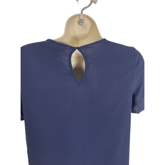 H&M Short-sleeved Blouse Top Navy Blue Viscose Size 4 Rounded Hem Keyhole Back - Picture 5 of 12
